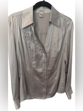 Vintage CACHE Silver Liquid Silk Blouse - Size Medium - Pleated Professional